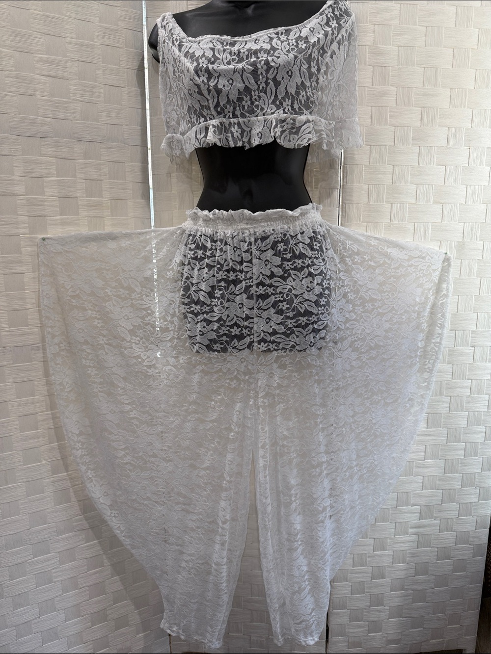 Sheer White Lace Two-Piece Set - Crop Top & Flowing Harem Pants